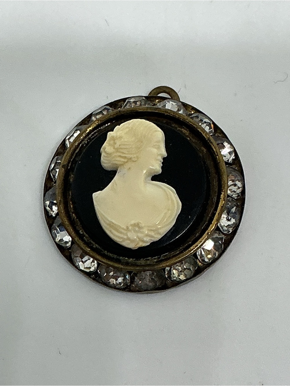 Vintage Black Glass Cameo Pendant Rhinestone Frame Brass